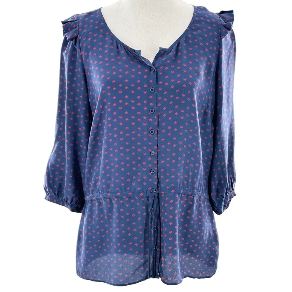 Petticoat Alley top S blue red 100% silk ruffle button down statement sleeves
